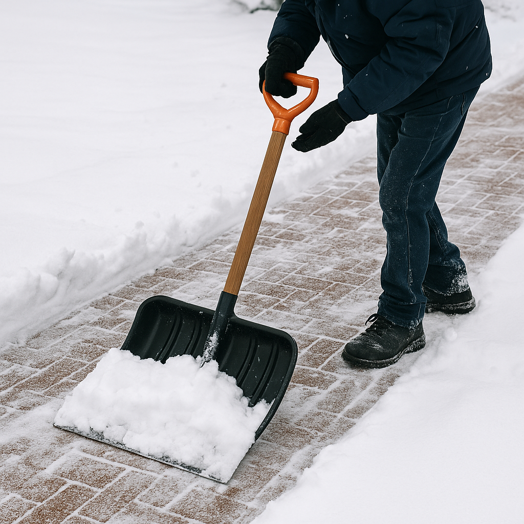 Snow removal with shovel on walkway